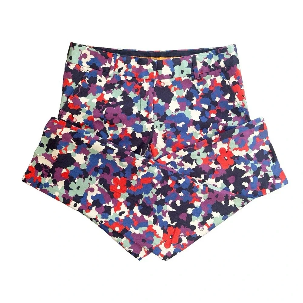 Tory Burch Women's Cropped Skinny‎ Floral Pants Size 4 Logo Print Stretch Cotton